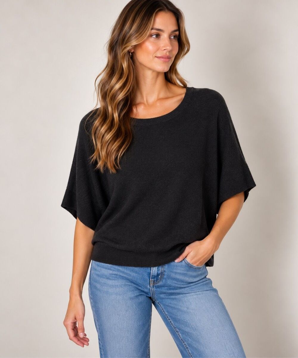 Quince Lightweight Cotton Cashmere Link Stitch Dolman Sweater Dark Gray Medium